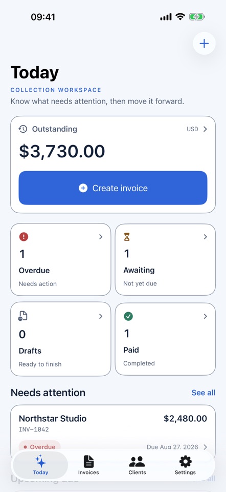 Invoice Reminder iPhone dashboard showing outstanding, overdue, awaiting, draft, and paid invoice totals